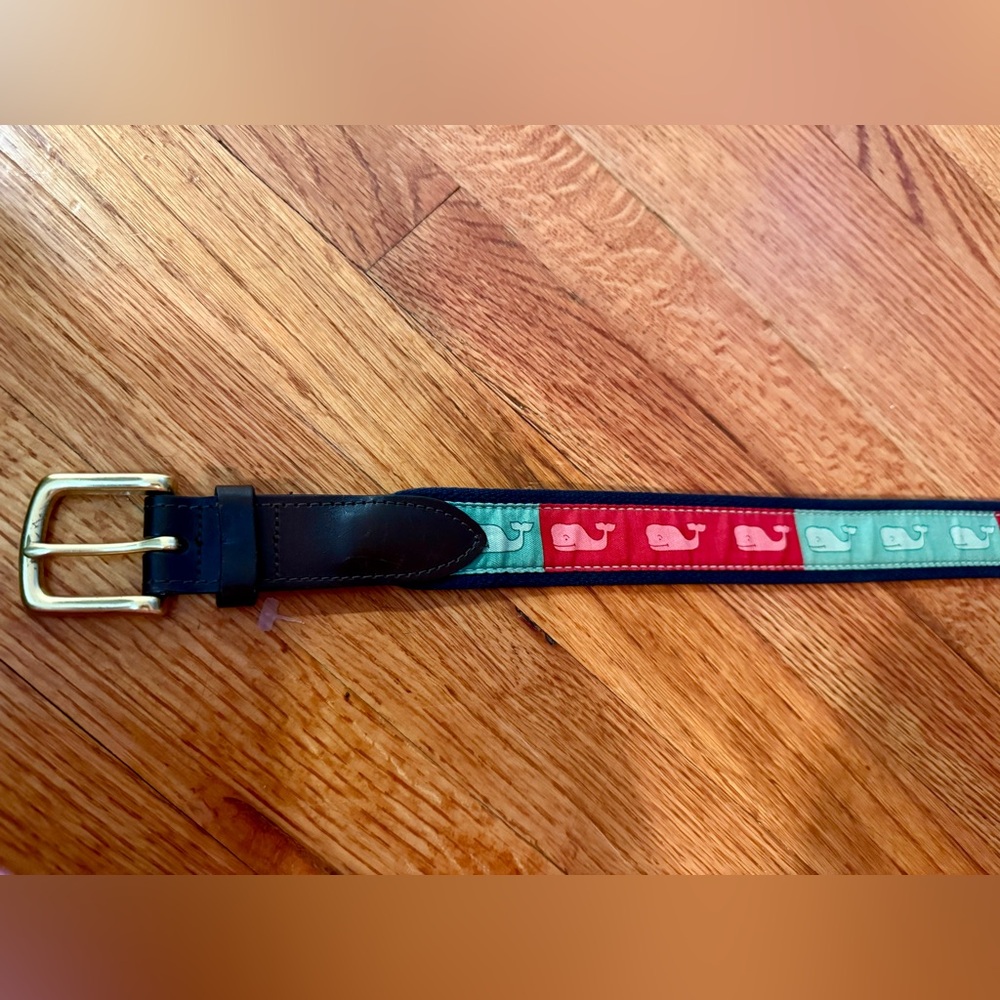 Vineyard Vines Canvas Club Whale Leather Brass Belt Mens Size 36 - Picture 3 of 5